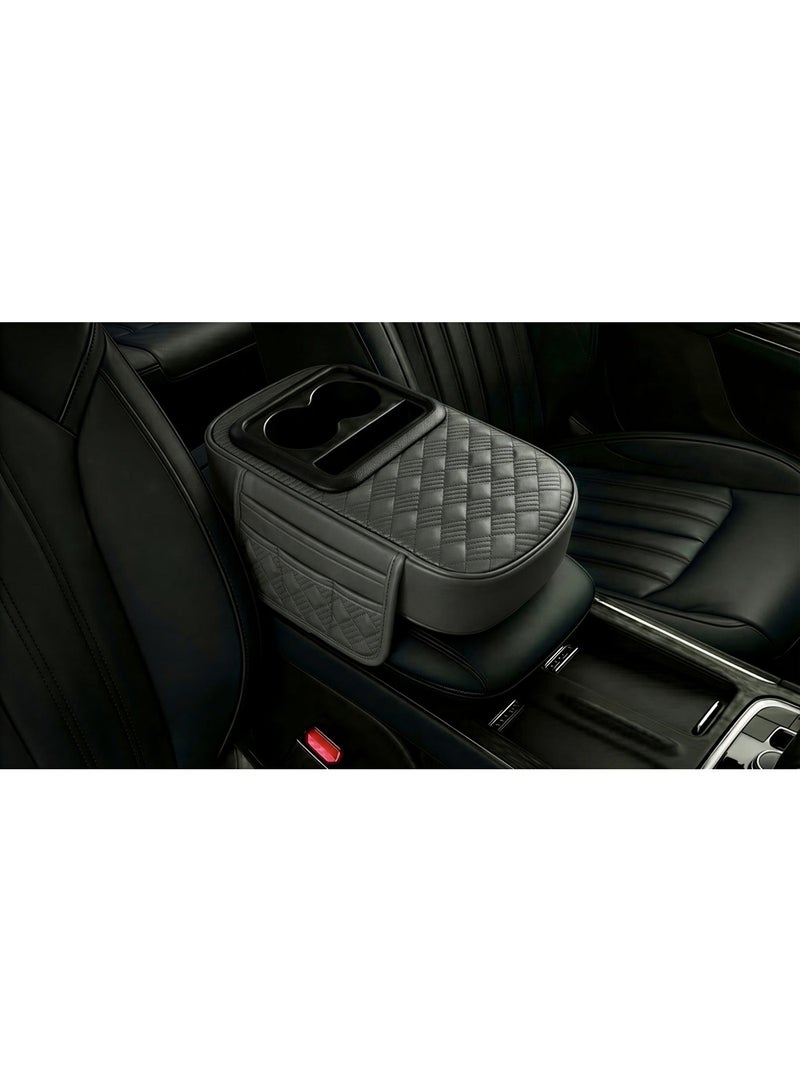 general Leather car armrest with cup holder and pockets for small items, padded design, - grey - Image 1